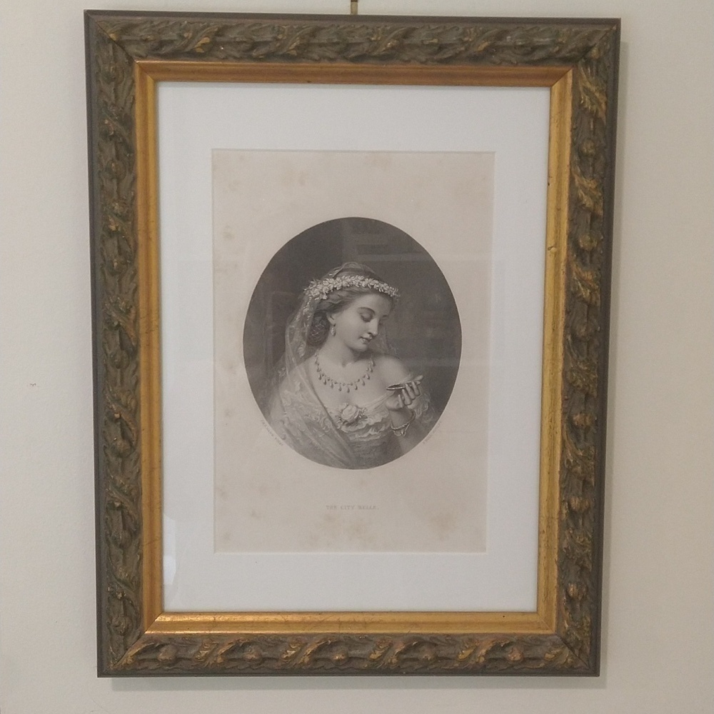 Antique engraving lithograph romantic beautiful woman bride Gold leaf frame